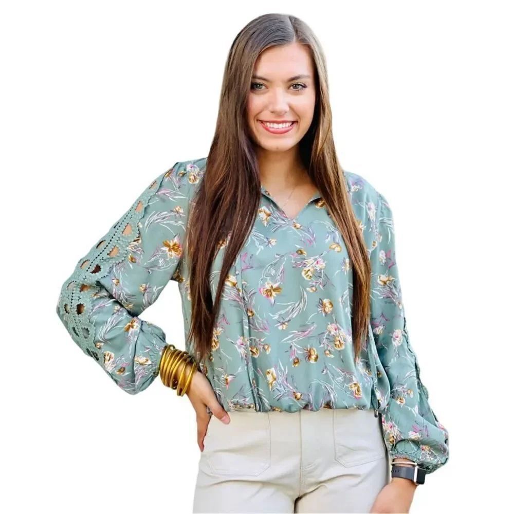 Easel Green Floral Artsy Long Sleeve Boho Peasant Top Women’s Size Small 4 6